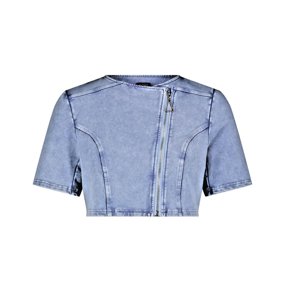 Aleeza Paris Naomi Blue Denim Stretchy Cropped Jacket Blazer TOP XL - $108 NWT